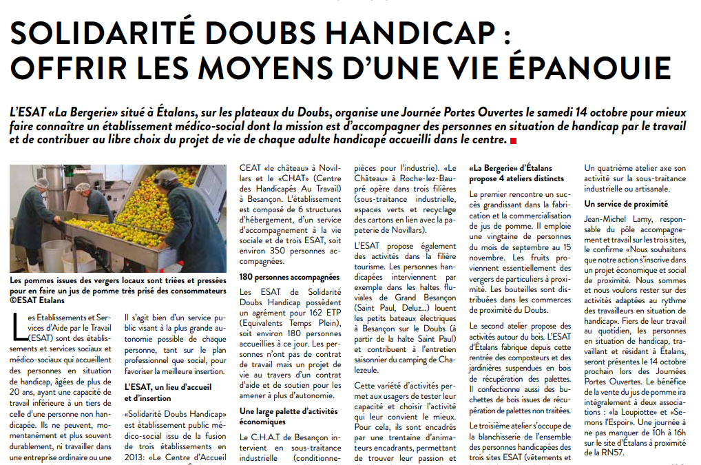Parution Solidarité Doubs Handicap dans Hebdo Région