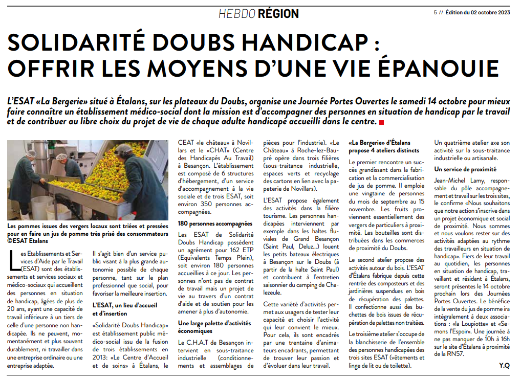 Parution Solidarité Doubs Handicap dans Hebdo Région